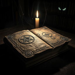 An eerie, ancient book resting on a dark, dusty table