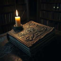 An eerie, ancient book resting on a dark, dusty table