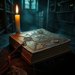 An eerie, ancient book resting on a dark, dusty table