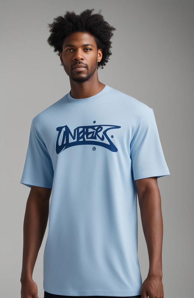 This is a 32k HD, product editorial photo of a blue graphic tee with an NBA-related design, captured with a 200mm lens