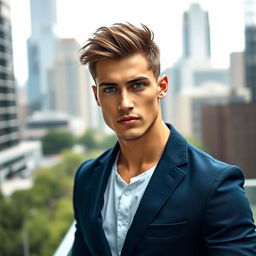 A handsome man standing confidently in a modern urban environment