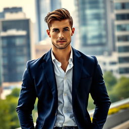 A handsome man standing confidently in a modern urban environment