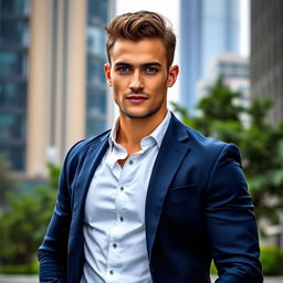A handsome man standing confidently in a modern urban environment