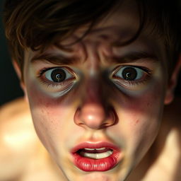 A close-up portrait of a frightened teenage boy, capturing the intense emotion on his face