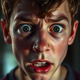 A close-up portrait of a frightened teenage boy, capturing the intense emotion on his face
