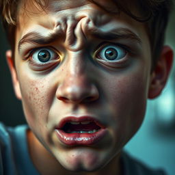 A close-up portrait of a frightened teenage boy, capturing the intense emotion on his face