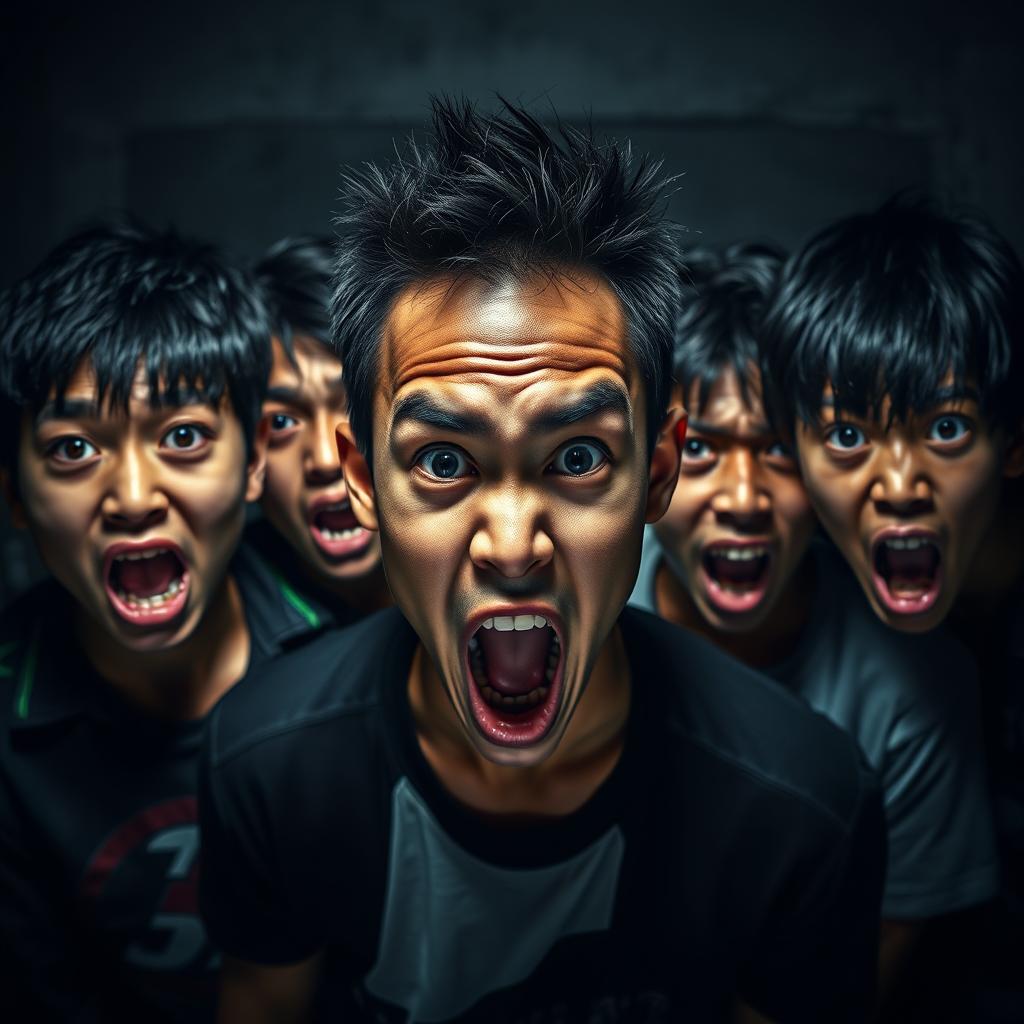 A dramatic and intense portrait capturing the scary expressions of several teenage boys of Asian descent