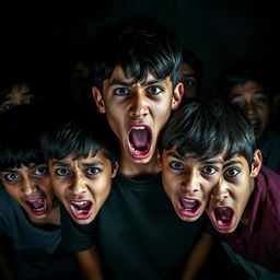 A dramatic and intense portrait capturing the scary expressions of several teenage boys of Asian descent