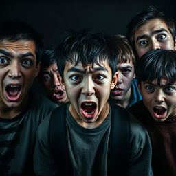 A dramatic and intense portrait capturing the scary expressions of several teenage boys of Asian descent