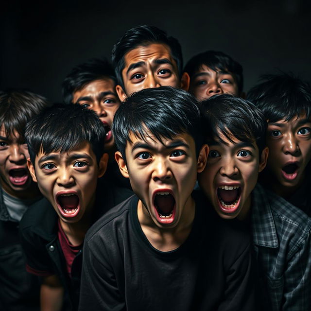 A dramatic and intense portrait capturing the scary expressions of several teenage boys of Asian descent