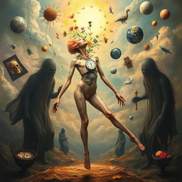 A surrealist representation of the human body, featuring distorted and elongated limbs, vibrant, dream-like colors, and unexpected elements such as flowers and clocks integrated into the anatomy