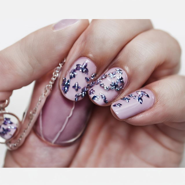 A high-definition, close-up image of a hand with nails painted in a glossy light lavender color and adorned with delicate nail charms