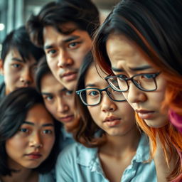 A close-up portrait of four young Asian adults displaying anxious expressions