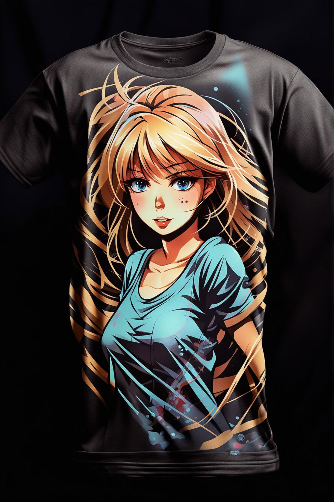 A 32k HD product editorial photograph of a graphic tee featuring a beautifully detailed anime waifu