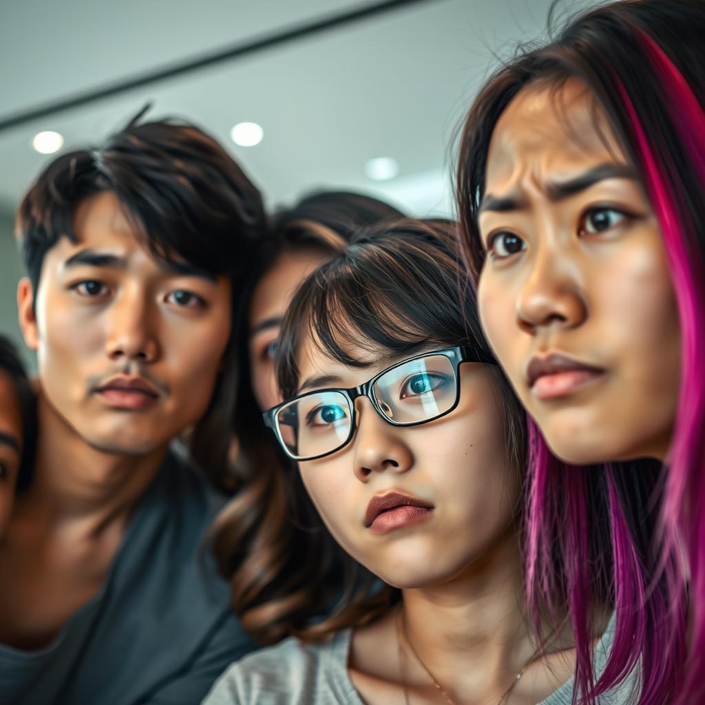 A close-up portrait of four young Asian adults displaying anxious expressions