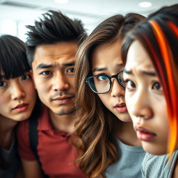 A close-up portrait of four young Asian adults displaying anxious expressions