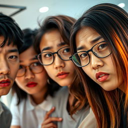 A close-up portrait of four young Asian adults displaying anxious expressions