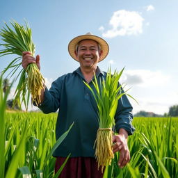 A cheerful farmer in traditional Southeast Asian farming attire, standing proudly in a vibrant green rice field, holding a bundle of fresh rice stalks