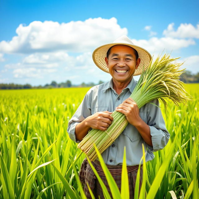 A cheerful farmer in traditional Southeast Asian farming attire, standing proudly in a vibrant green rice field, holding a bundle of fresh rice stalks