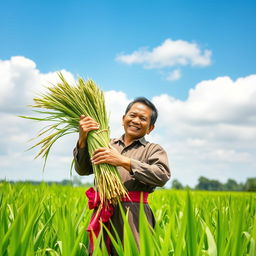 A cheerful farmer in traditional Southeast Asian farming attire, standing proudly in a vibrant green rice field, holding a bundle of fresh rice stalks