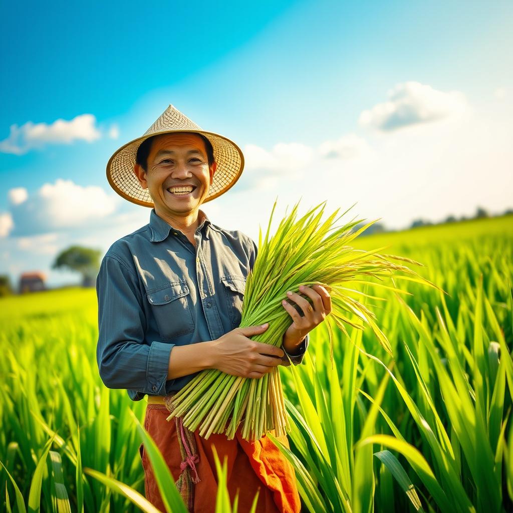 A cheerful farmer in traditional Southeast Asian farming attire, standing proudly in a vibrant green rice field, holding a bundle of fresh rice stalks