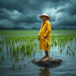 A dramatic scene depicting a flooded rice field, with water submerging most of the rice plants