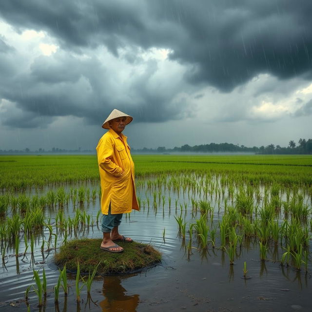 A dramatic scene depicting a flooded rice field, with water submerging most of the rice plants