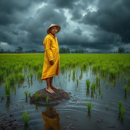 A dramatic scene depicting a flooded rice field, with water submerging most of the rice plants