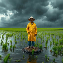 A dramatic scene depicting a flooded rice field, with water submerging most of the rice plants