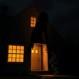 The shadow of a tall, scary creature looming ominously against the wall of a cozy house, with eerie details that emphasize its intimidating presence