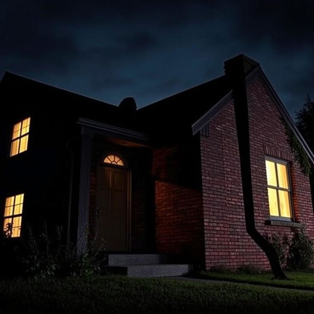 The shadow of a tall, scary creature looming ominously against the wall of a cozy house, with eerie details that emphasize its intimidating presence