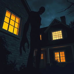 The shadow of a tall, scary creature looming ominously against the wall of a cozy house, with eerie details that emphasize its intimidating presence