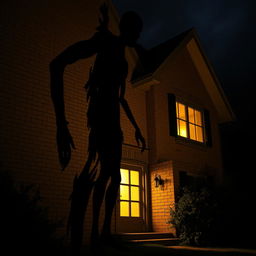 The shadow of a tall, scary creature looming ominously against the wall of a cozy house, with eerie details that emphasize its intimidating presence