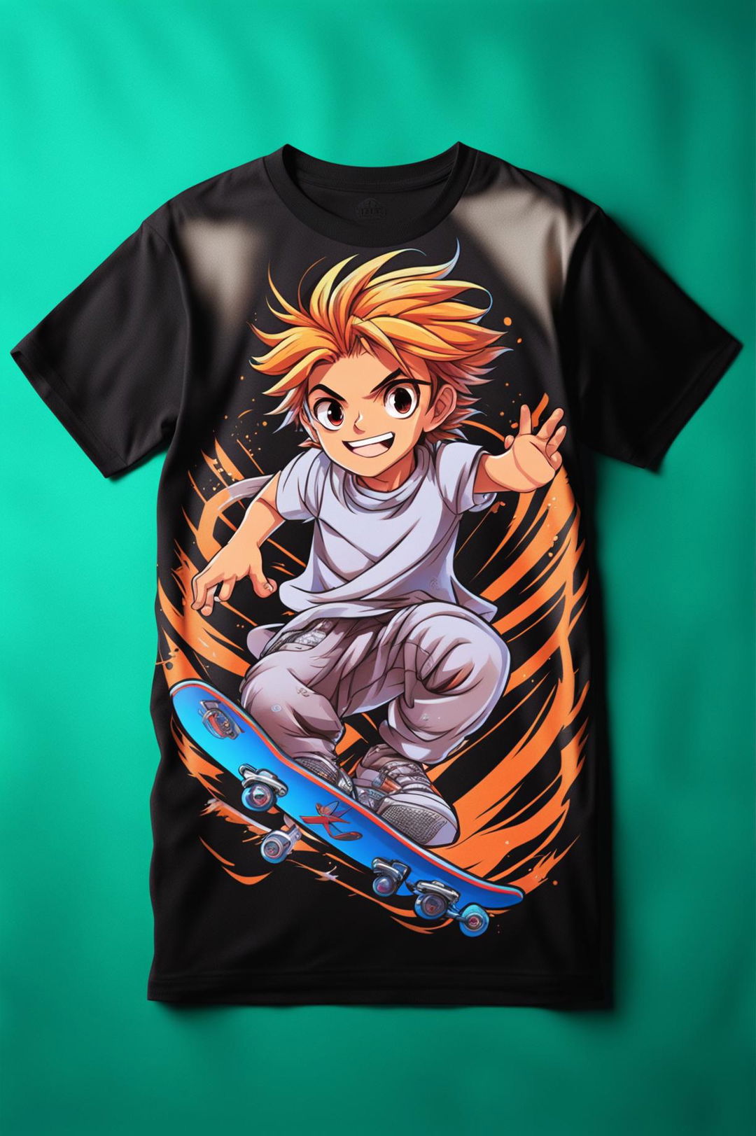 A 32k HD product editorial photograph of a graphic tee featuring a vibrant and detailed anime skater boy