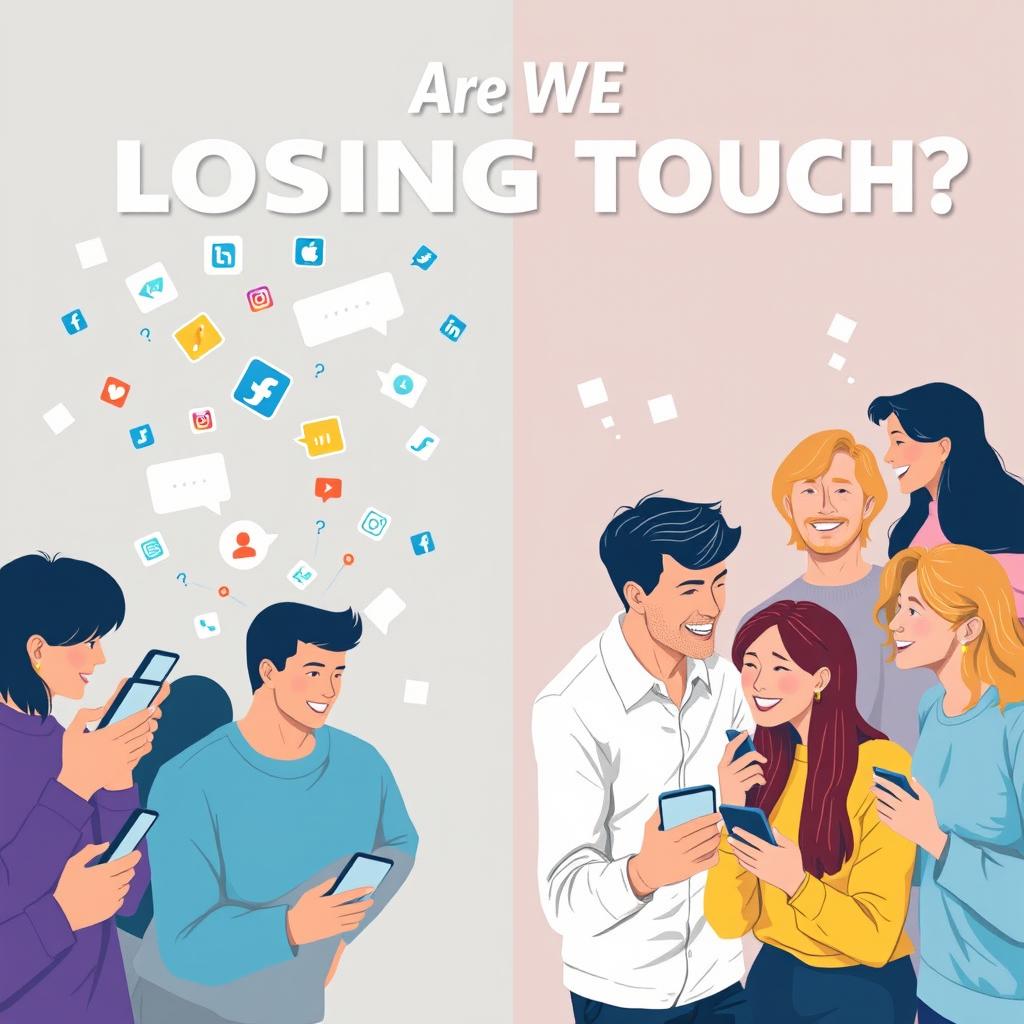 A thought-provoking poster illustrating the theme of social dilemmas, featuring a visual contrast between a digital world and real-life interactions