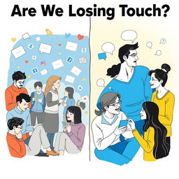 A thought-provoking poster illustrating the theme of social dilemmas, featuring a visual contrast between a digital world and real-life interactions