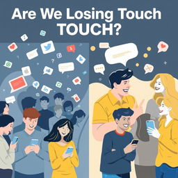 A thought-provoking poster illustrating the theme of social dilemmas, featuring a visual contrast between a digital world and real-life interactions
