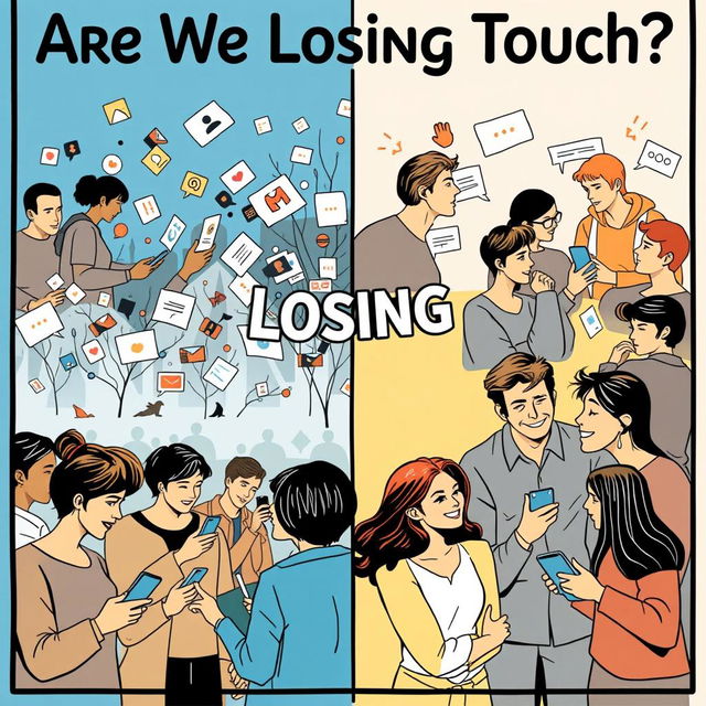 A thought-provoking poster illustrating the theme of social dilemmas, featuring a visual contrast between a digital world and real-life interactions