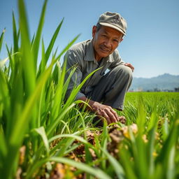 An intense moment depicting Pak Sarman crouching near his lush green rice plants, inspecting the damage caused by swarms of pests