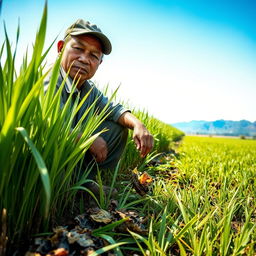 An intense moment depicting Pak Sarman crouching near his lush green rice plants, inspecting the damage caused by swarms of pests
