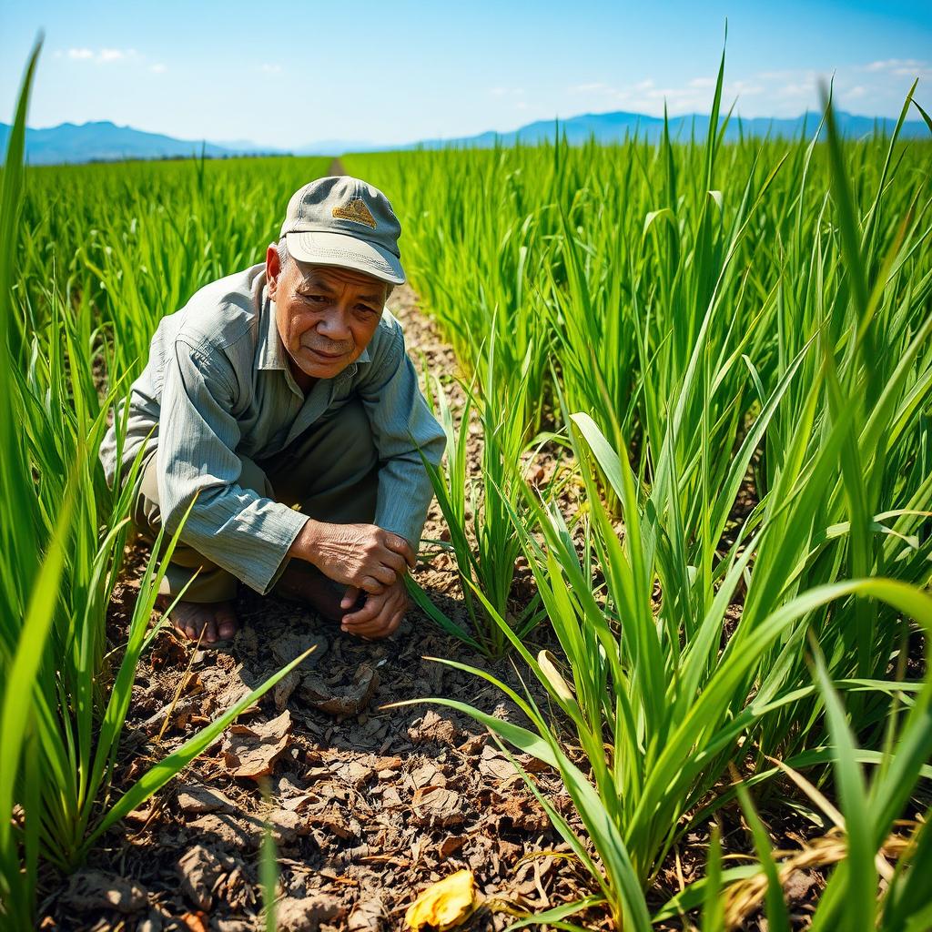 An intense moment depicting Pak Sarman crouching near his lush green rice plants, inspecting the damage caused by swarms of pests