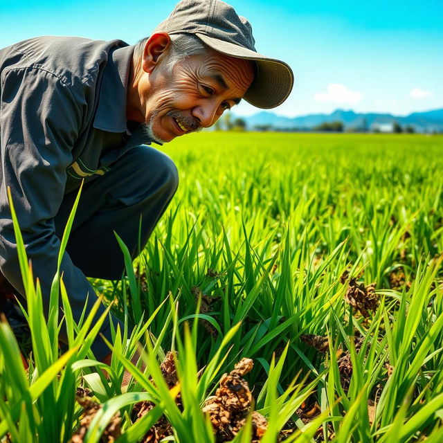 An intense moment depicting Pak Sarman crouching near his lush green rice plants, inspecting the damage caused by swarms of pests