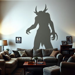 A tall, ominous shadow of a creature cast on the wall of a cozy living room