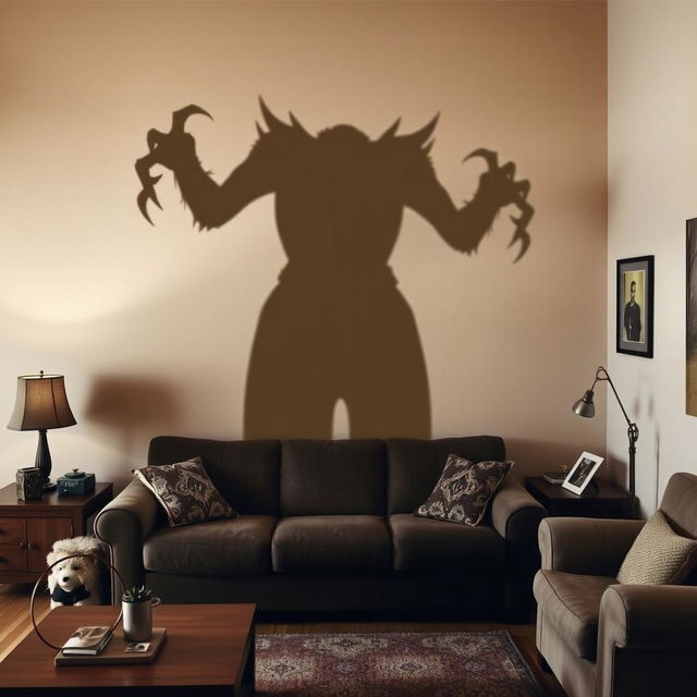 A tall, ominous shadow of a creature cast on the wall of a cozy living room