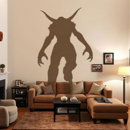 A tall, ominous shadow of a creature cast on the wall of a cozy living room