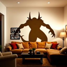 A tall, ominous shadow of a creature cast on the wall of a cozy living room