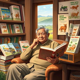 Pak Sarman, a middle-aged man with a thoughtful expression, seated comfortably in a cozy rural setting that reflects a warm and inviting atmosphere
