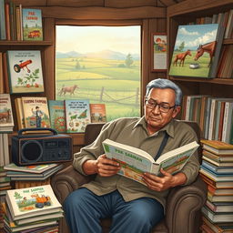 Pak Sarman, a middle-aged man with a thoughtful expression, seated comfortably in a cozy rural setting that reflects a warm and inviting atmosphere