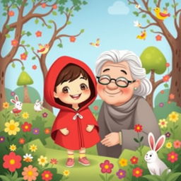 A charming cartoon illustration of a dear little girl with a bright smile, wearing a red hooded cape, surrounded by a vibrant forest