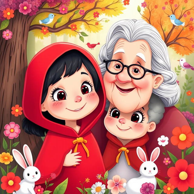A charming cartoon illustration of a dear little girl with a bright smile, wearing a red hooded cape, surrounded by a vibrant forest